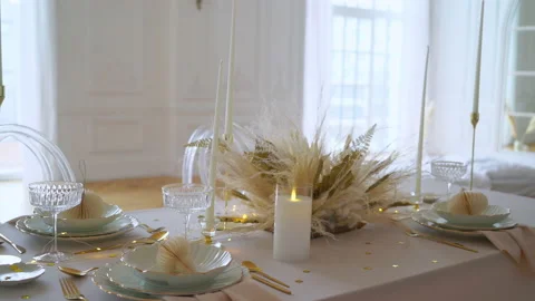 Decorated table set. Served for dinner or festive holiday meal. 動画素材 171141521