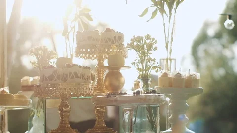 Decorated Table With Sweets At The Wedding. Video stock 108585901