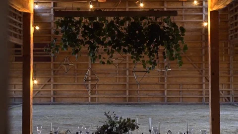 Decorated table for a wedding dinner in building Stock Footage 82208234