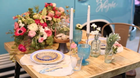 Decorated table for a wedding dinner Stock Footage 60913565