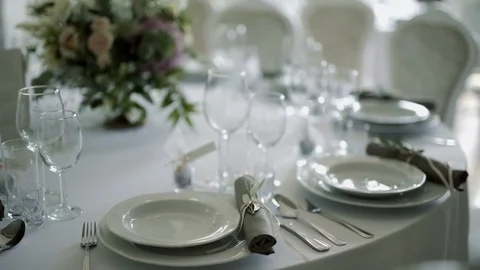 Decorated table for a wedding dinner Stock Footage 81647875