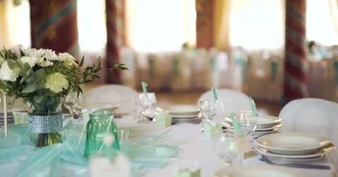 Decorated table for a wedding dinner Stock Footage 84529964