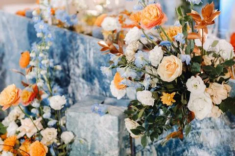 Decorated Table for a wedding reception in a restaurant .Wedding decor Foto stock