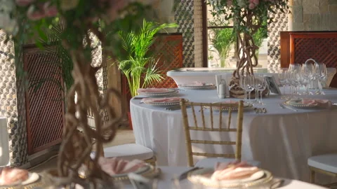 Decorated tables for guests at the wedding Stock Footage 150747164