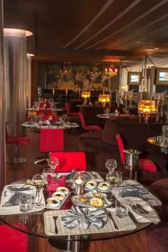 Decorated tables in restaurant Stock Photos