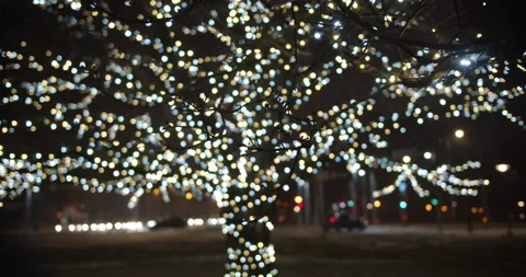 Decorated tree with LED lights bokeh in city park in Christmas season at night 스톡 동영상 144974839