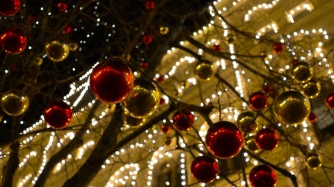 Decorated trees and the house lights in the Christmas town Stock Footage 88502494