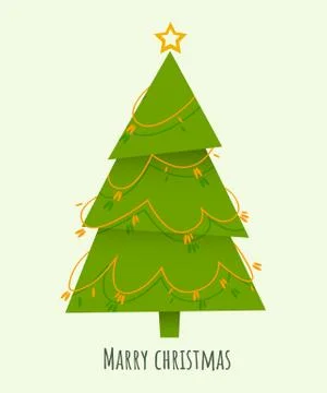 Decorated triangular Christmas tree with star, balls and beaded garland Stock Illustration