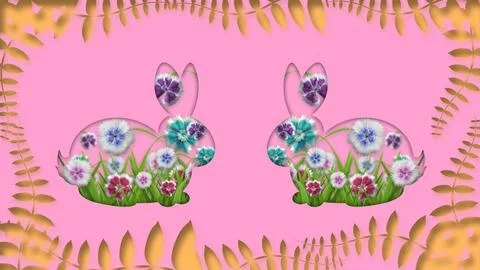 Decorated two easter bunny in flowers theme on pink colour background Stock Illustration