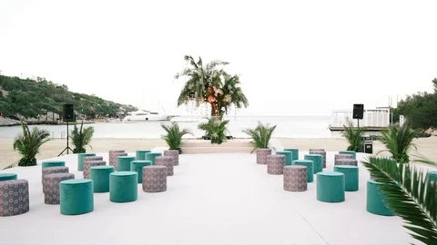 Decorated wedding arch. Wedding ceremony on the beach Stock Footage 125320580