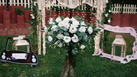 Decorated wedding arch. Wedding ceremony in the woods. Stock Footage 125350622