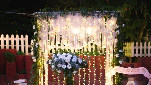 Decorated wedding arch. Wedding ceremony in the woods. Stock Footage 125494369