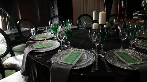 Decorated for wedding elegant dinner table outdoors Stock Footage 64008085