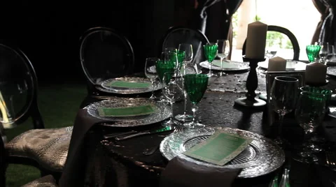 Decorated for wedding elegant dinner table outdoors Stock Footage 64008654