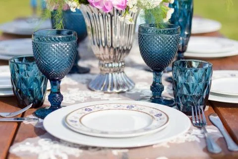 Decorated for wedding elegant dinner table Stock Photos