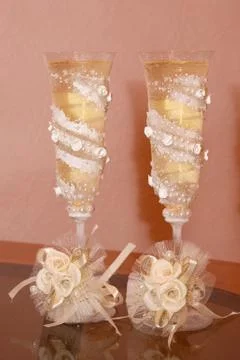Decorated wedding glasses Stock Photos