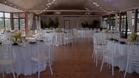 Decorated wedding hall in rustic interior. Stock Footage 223941545
