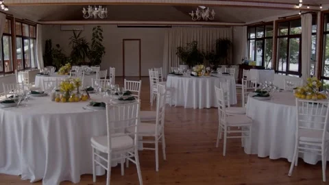 Decorated wedding hall in rustic interior. Stock Footage 223941595