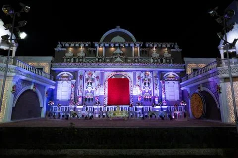 Decorated wedding reception stage at a wedding resort in India. Stock Photos