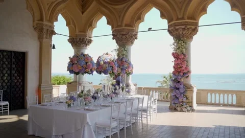 Decorated wedding table lake Como Stock Footage 223346213