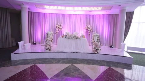 Decorated wedding table with purple lighting Stock Footage 160413649