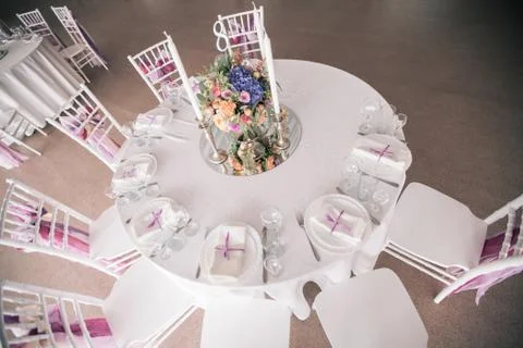 Decorated Wedding table setting with candles and flowers 스톡 사진