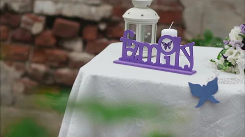 Decorated wedding table in the summer garden Stock Footage 56472541