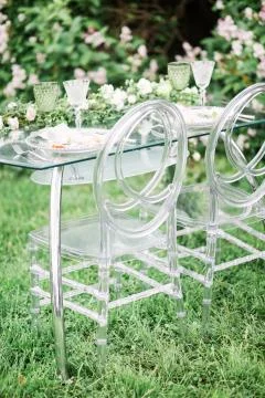 Decorated wedding table for two with beautiful flower composition of flowers 写真素材
