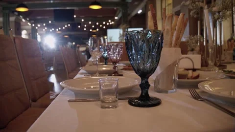 Decorated wedding table. Wedding reception table setting. Stock Footage 257618944