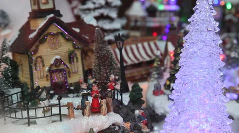 Decorated window with miniature models of Alpine village Stock Footage 35908171