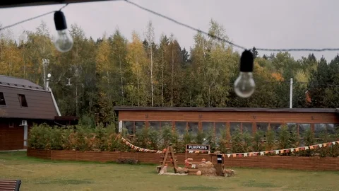 Decorated yard with lawn hanging light bulbs. Video stock 119831168