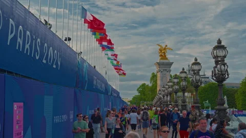Decorating the Alexander Bridge in Paris with Olympic symbols and the 2024 Stock Footage 281642193