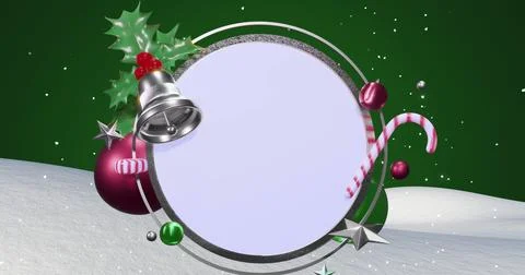 Decorating blank circular frame on snowy field, with holly, berries, bell, candy Stock Illustration