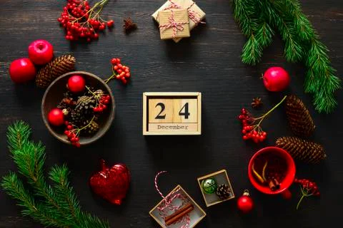 Decorating for Christmas concept, flatlay Stock Photos