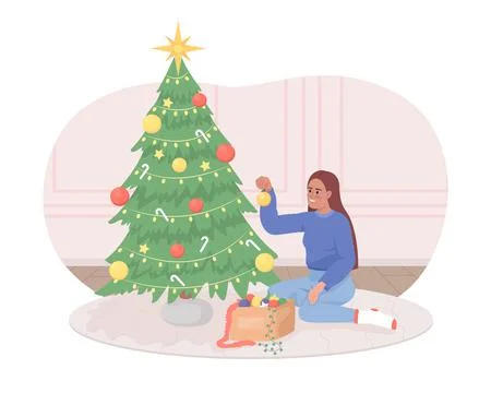 Decorating Christmas tree 2D vector isolated illustration 스톡 일러스트