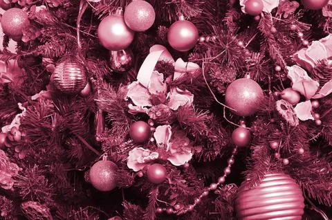 Decorating Christmas tree close up. Decoration bulb, green fir tree, golden x Stock Illustration