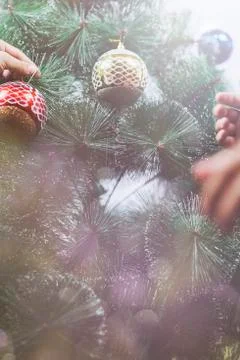 Decorating Christmas Tree Inside Home Stock Photos