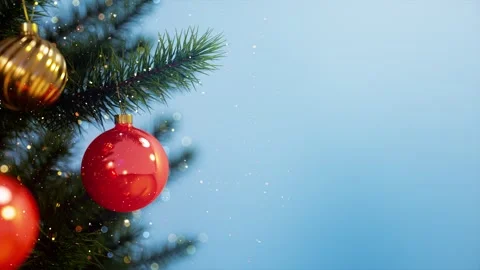 Decorating Christmas Tree with Red Gold Glass Bauble in Slow Motion, on Blue Video stock 293175001