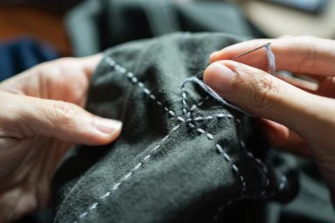 Decorating clothes with Sashiko stitching technique Stock Photos