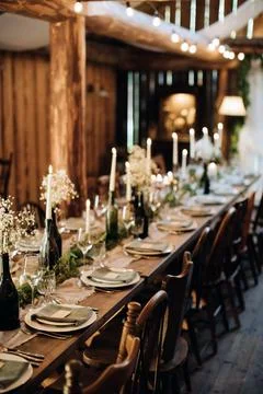 Decorating a festive table in a restaurant at a wedding party Stock Photos