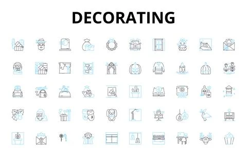 Decorating linear icons set. Aesthetics, Colors, Design, Furniture, Patterns Stock Illustration