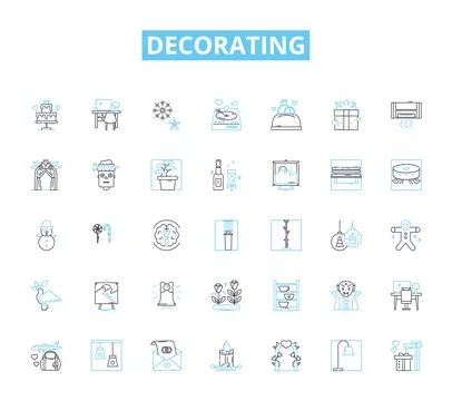 Decorating linear icons set. Aesthetics, Colors, Design, Furniture, Patterns Stock Illustration