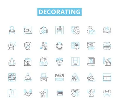 Decorating linear icons set. Aesthetics, Colors, Design, Furniture, Patterns Stock Illustration
