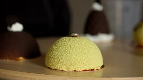 Decorating mini mousse pastry dessert covered with colorful velour. Modern cake. Stock Footage 135084580