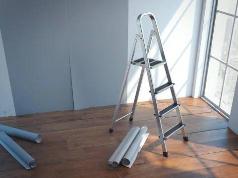 Decorating new interior with wallpapers. 3d rendering Illustrazione stock