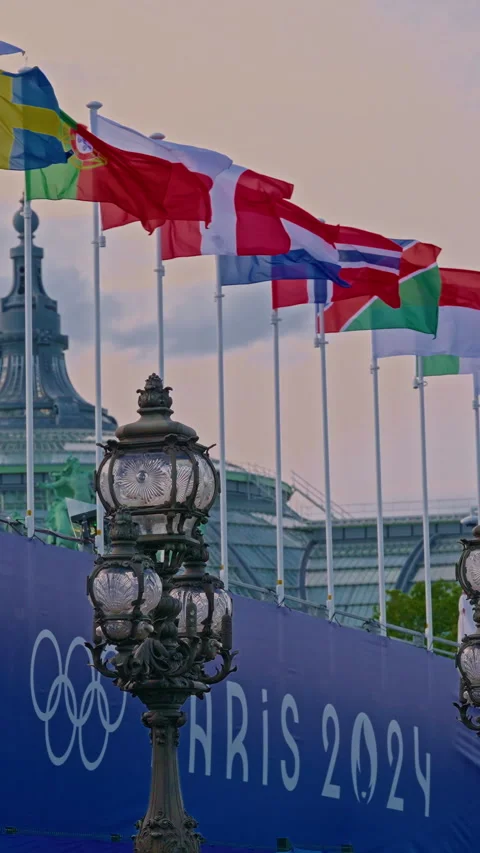 Decorating Paris city with Olympic symbols and the 2024 Olympic colors and logos Stock Footage 282964247