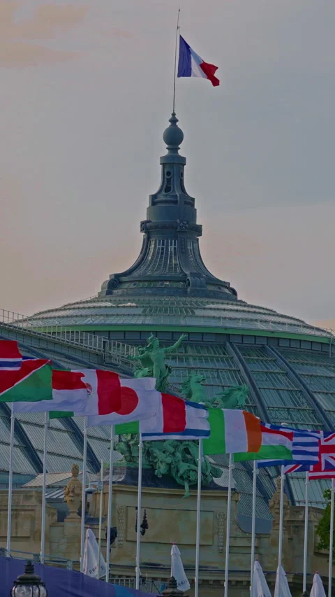 Decorating Paris city with Olympic symbols and the 2024 Olympic colors and logos Stock Footage 282964801