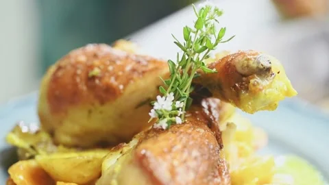 Decorating roasted chicken drumsticks with sprigs of thyme. Stock Footage 168146647