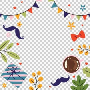 Decorating transparent flat-frame with party doodles like flags hearts flowers Stock Illustration