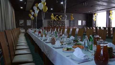 Decoration and table layout for the 65th anniversary. Video stock 76595855